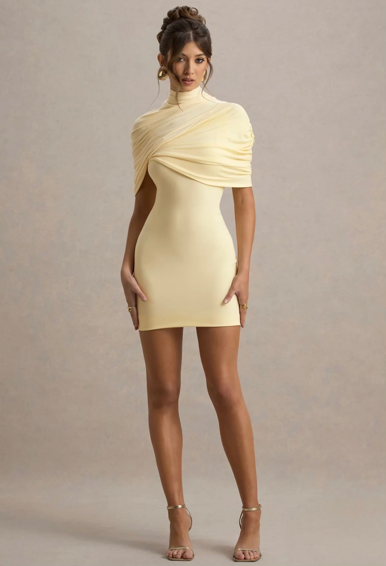 Club L London -Perdi Lemon Bodycon Mini Dress With Twisted Cape