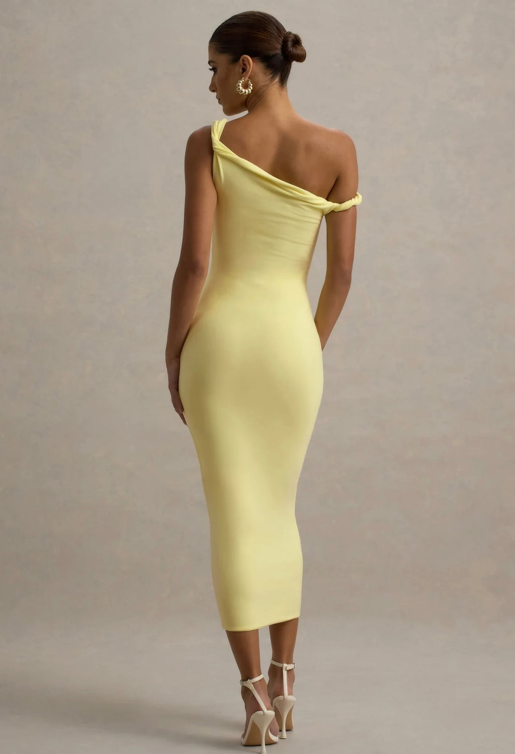 Club L London - Salome Lemon Twisted Asymmetric Midi Dress